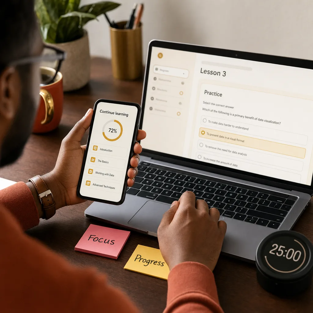 Inside the program: course dashboard with modules, lessons and reference guides